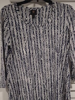 JM Collection Navy and White Patterned Long Sleeve Top